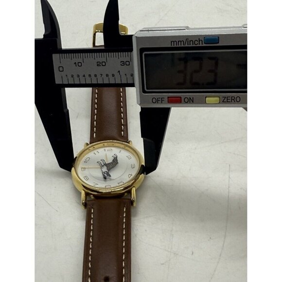 Vtg WRAP Boxer Dog Rotating Watch Gold Tone Round Face Brown Leather Band Arabic - Picture 5 of 8